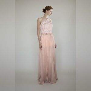 Adrianna Papell Soft Blush Pink lace crystal embellishment one shoulder gown